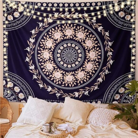 Boho Mandala Tapestry Wall Hanging Floral Pink Rose Hippie Room Decor - Picture 1 of 8